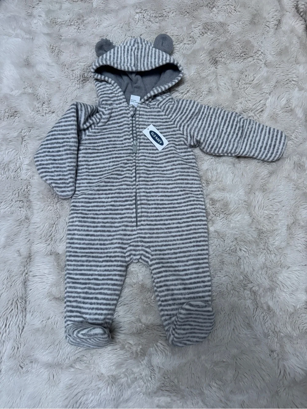 Old Navy Gray & Cream Striped Hooded Footie